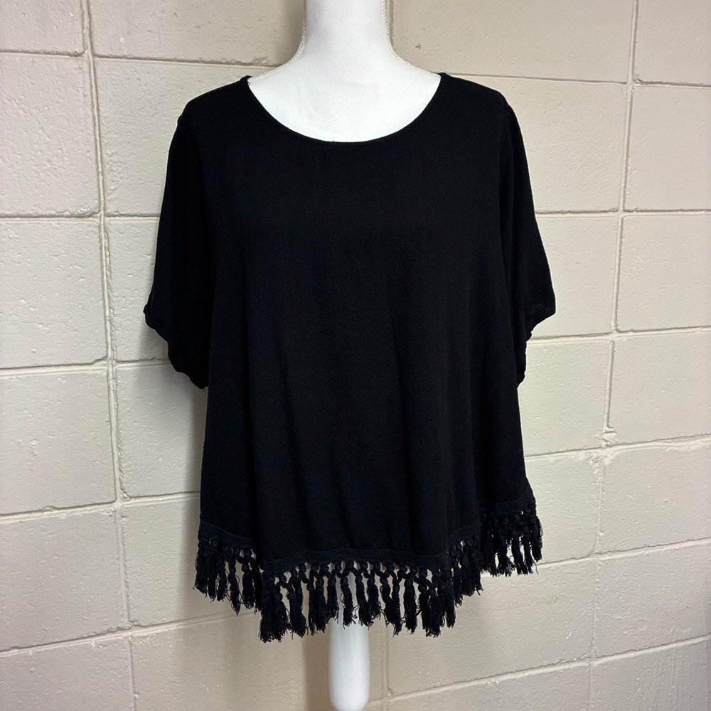 Umgee Tassel Fringe Top Womens Medium Black Linen Blend Short Sleeve Boho Blouse